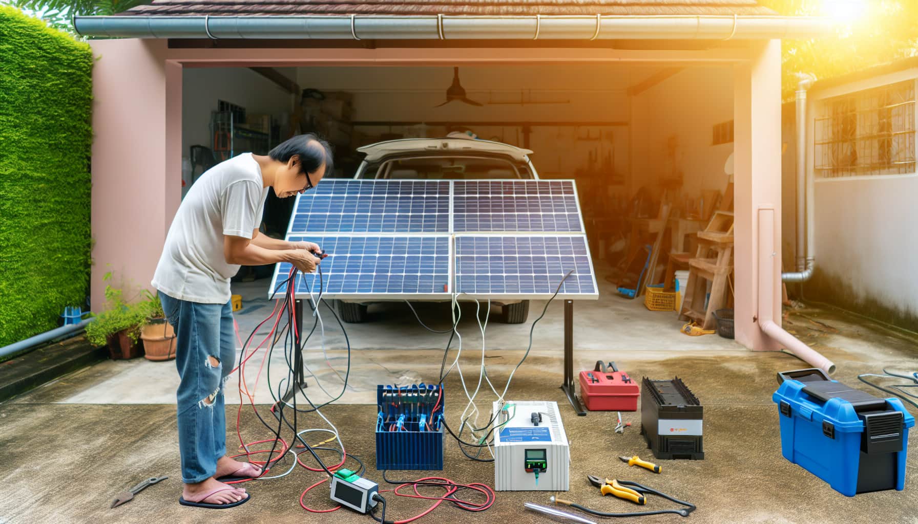 DIYでオフグリッドシステムの配線作業を行う男性