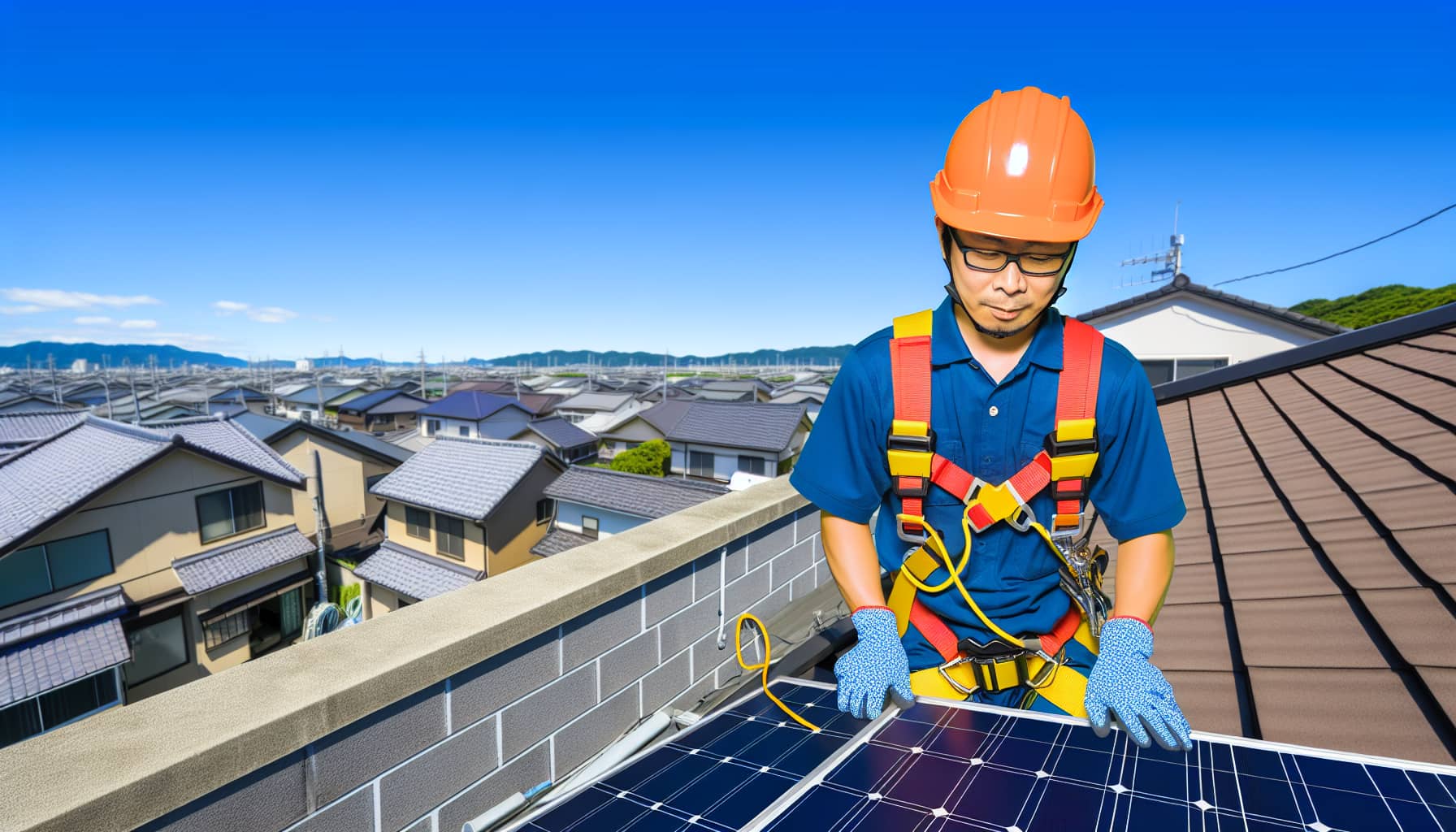 屋根のソーラーパネルを点検する作業員
