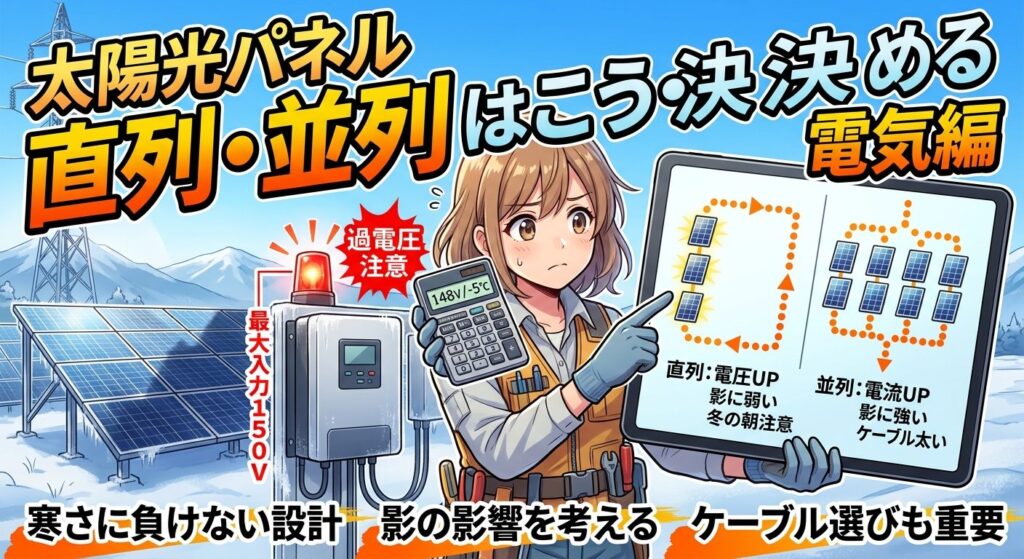 雪の残る太陽光パネル群の前で、作業者がタブレットを掲げ、直列と並列の違いを示している。左にはチャージコントローラーと「最大入力150V」「過電圧注意」の警告灯。
