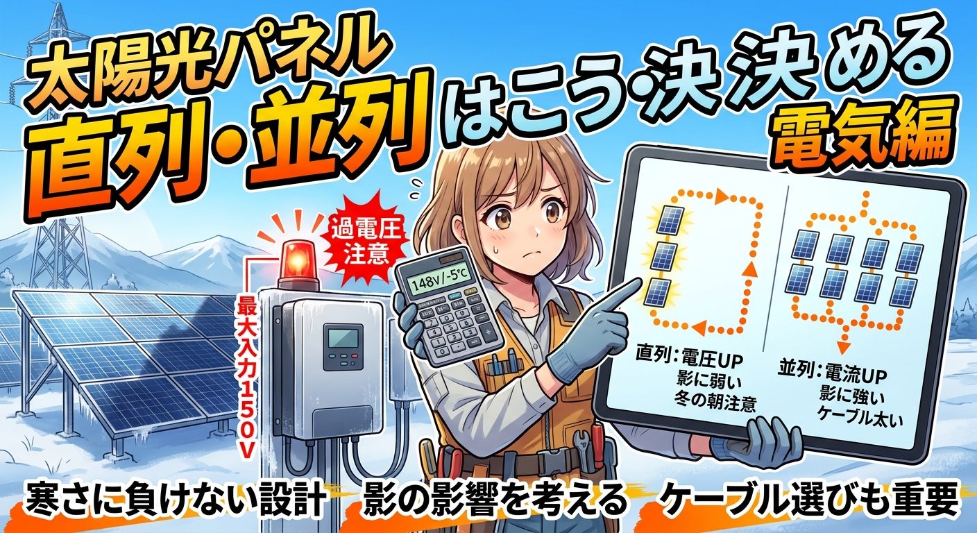 雪の残る太陽光パネル群の前で、作業者がタブレットを掲げ、直列と並列の違いを示している。左にはチャージコントローラーと「最大入力150V」「過電圧注意」の警告灯。
